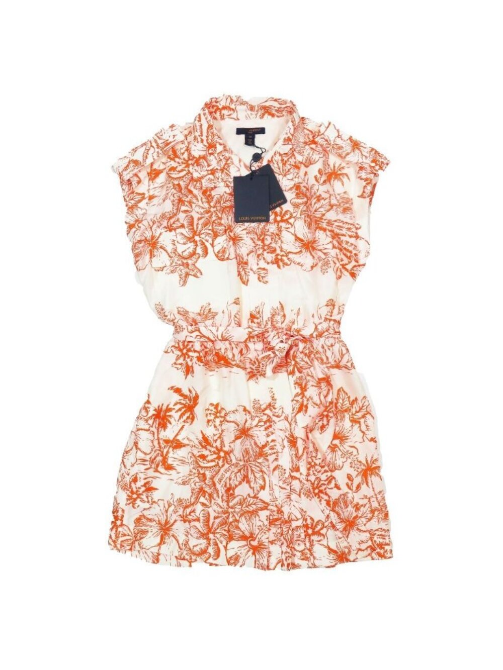 Louis Vuitton Silk 100% Tropical Floral Pattern Mini Shirt Dress Orange 36